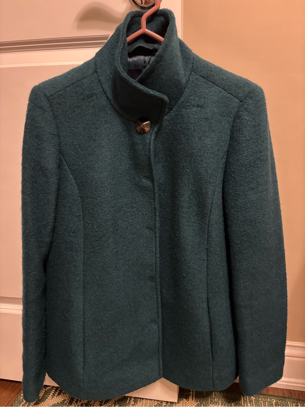 Womens Teal Wool Blend Stand-Collar Coat